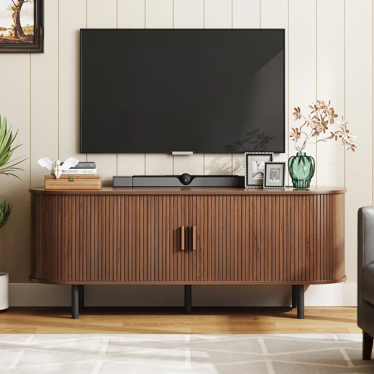 TV Stand with Sliding Doors and Power Outlet