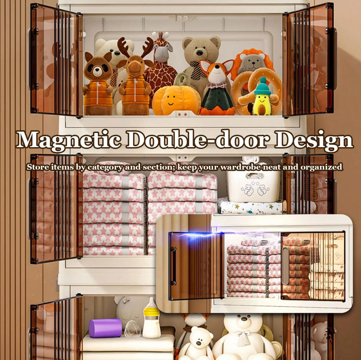 Armoire de rangement empilable avec portes et roues
