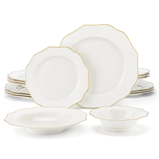 Gold-Rimmed White Porcelain Dinnerware Set