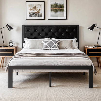 Metal Bed Frame with Upholstered Headboard