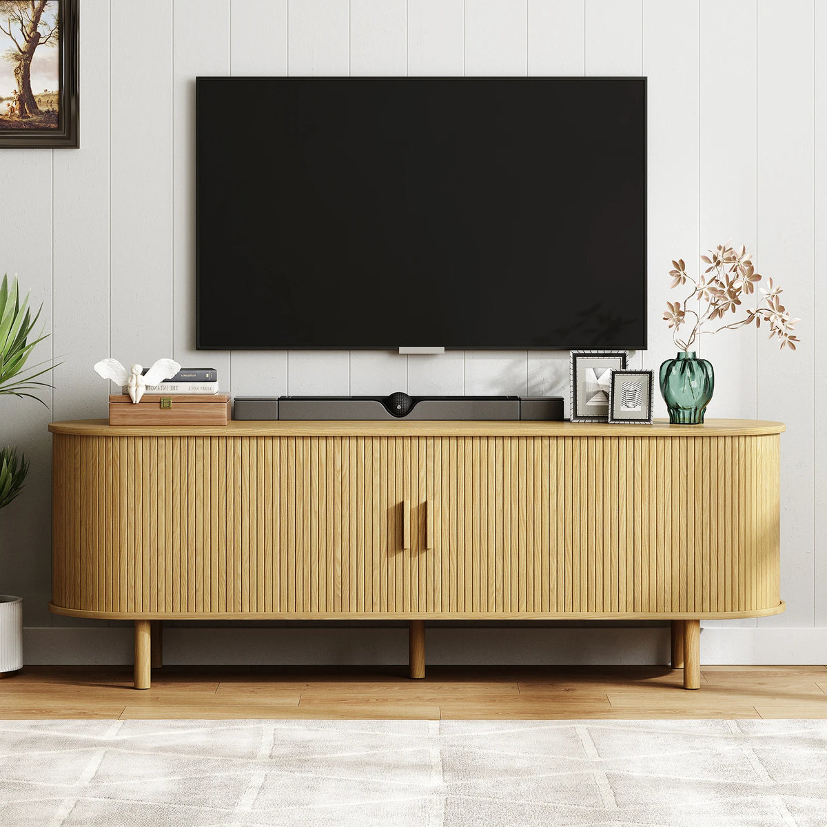 TV Stand with Sliding Doors and Power Outlet