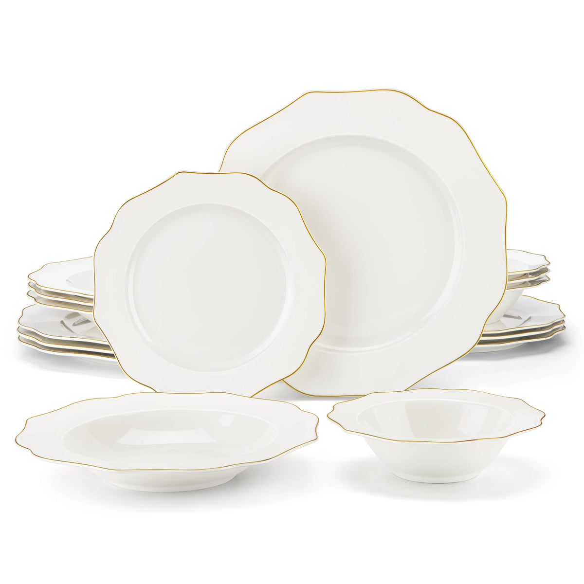 Service de vaisselle en porcelaine blanche à bordure dorée