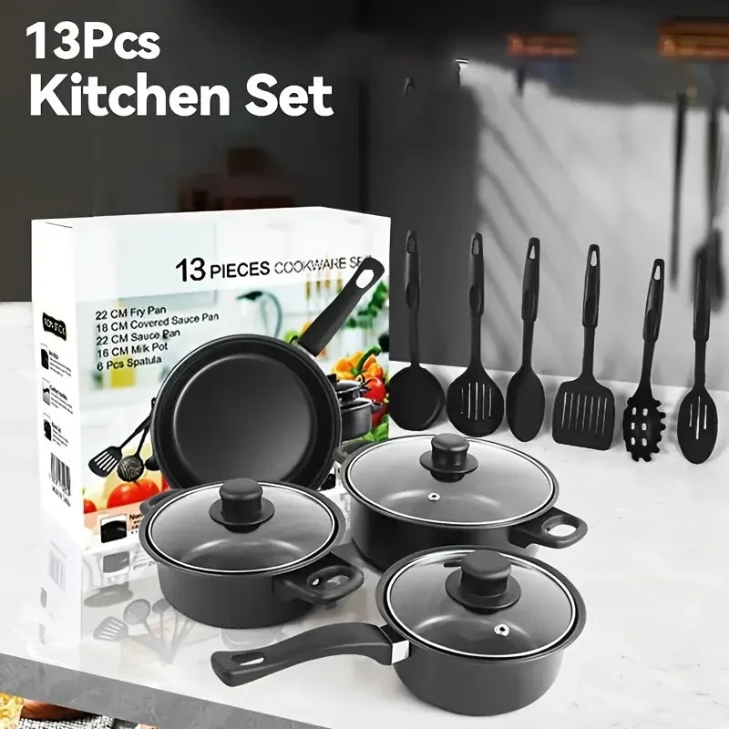 Juego de cocina antiadherente negro de 13 piezas