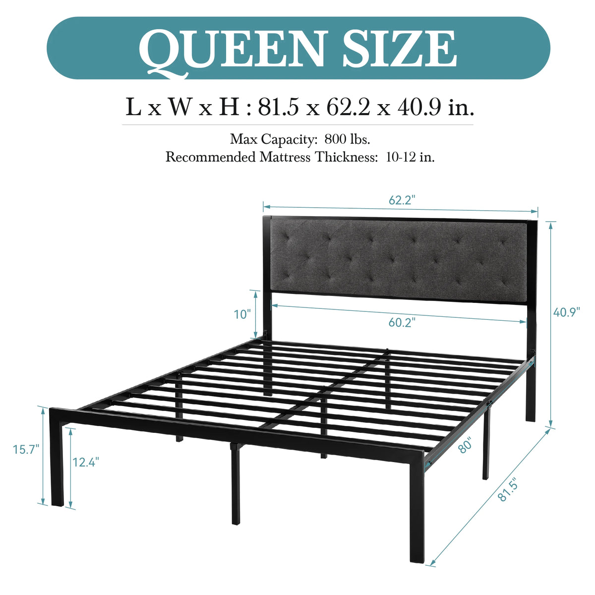 Metal Bed Frame with Upholstered Headboard