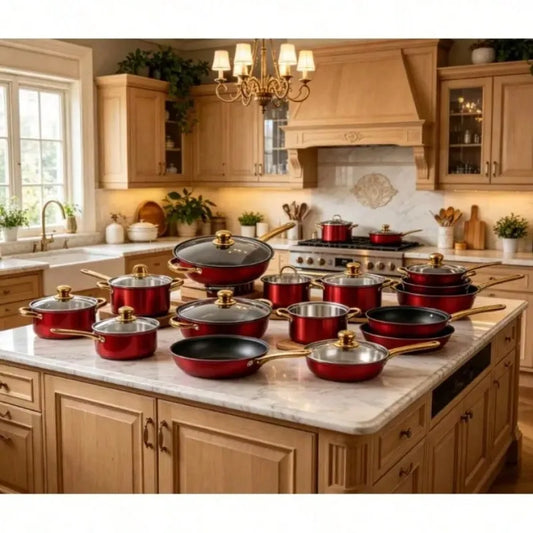 Wine Red Cookware Set with Gold Handles