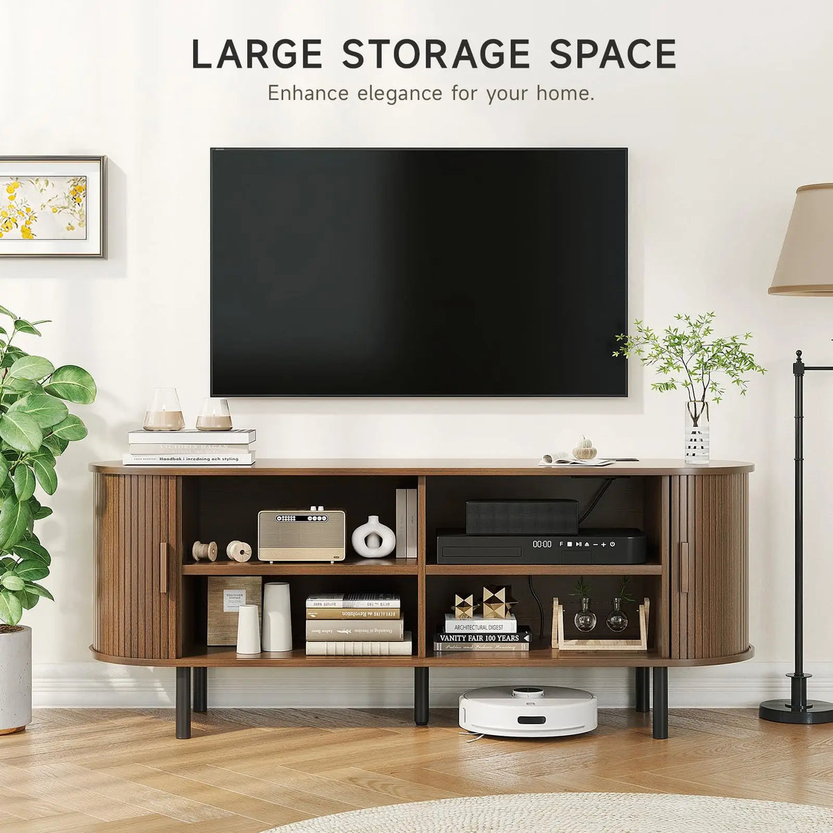 TV Stand with Sliding Doors and Power Outlet