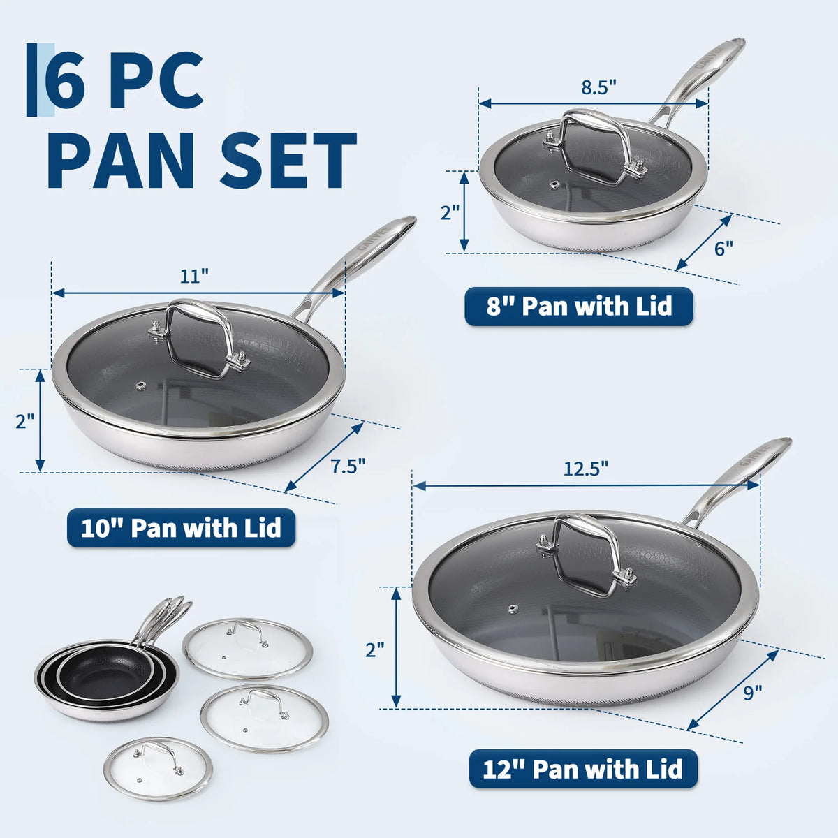 6-Piece Stainless Steel Frying Pan and Lid Set